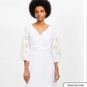 Loft White Dress with floral Embroidered Poplin Shirred Mini Dress